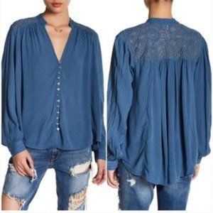 Free People Canyon Rose Lace Back Button Down Blouse Metallic Thread Shirt Tunic